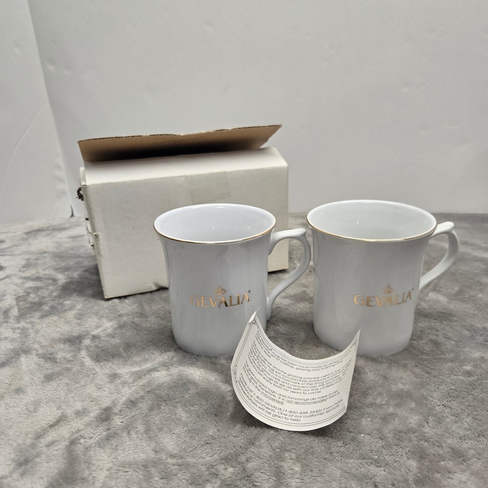 Gevalia Kaffe Coffee Mugs Set of 2 White Gold Trim Logo Ceramic Lot R02-07